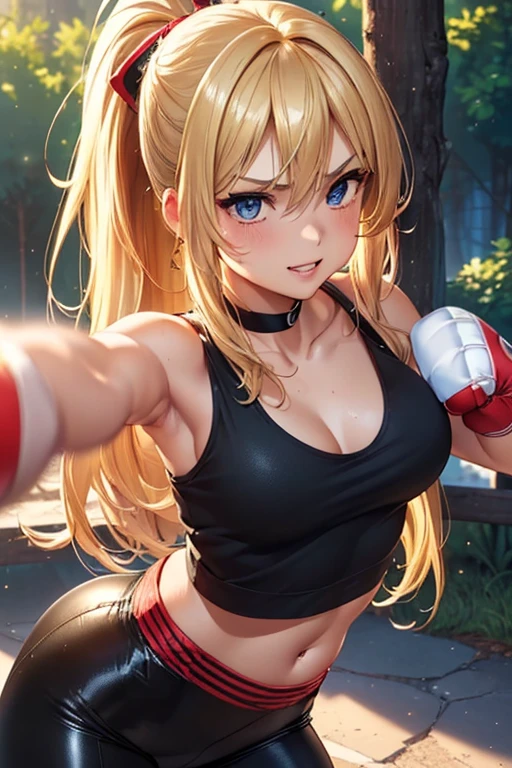 #基本
A girl is posing for a photo, ((One Girl)), (((Baby Face:1.2)) + ((cute:1.3))),
#A girl is posing for a photo, ((One Girl)), (((Baby Face)) + ((cute)) + ),
break
#Clothing Accessories
(((red on black)Tank Top)) + (((red on black)Sports pants)) + (Tight fitting through the waist), ((Sheer black tights)), (White sneakers), (Black choker),
Gold hoop earrings,
break
#Features
((Blonde:1.4)), (ponytail : Long Hair + Curly hair + Voluminous Hair + Red string ribbon),
((Droopy eyes), blue eyes, (Big eyes:1.2)), (Very small breasts),
break
#background environment
(noon, (In the sunlight of the forest, waterfall)),
#Facial Expression Pose
((smile), (Dynamic Pose, ((punching:1.5))),
#composition
(To the camera, (Focus from the front), (Cowboy Shot)),
break
#Body parts elements
(Slim figure),
(Detailed Hair, Beautiful Hair, Shiny Hair),
(double eyelid, Long eyelashes),
(Expression of fine eyes, Beautiful and delicate eyes, Sparkling eyes, Eye Reflexes, Glitter Eyeliner),
(Human Ear),
(Beautiful Nose, Thin Nose),
(Glossy Lips, Beautiful Lips, Thick lips, Glossy Lips, Natural Cheeks),
(Detailed face, Symmetrical facial features),
(Detailed skin, Textured skin, Beautiful Skin, Glowing Skin),
break
#Quality Image Quality Common
(((Highest quality)), ((masterpiece)), ((Very detailed))), ((Ultra-high resolution)), ((16K, 1080P)), ((FHD)),
(Anatomically correct), (Realistic), (3DCG),
#Quality image illustration
((comics, anime)), CG illustration,