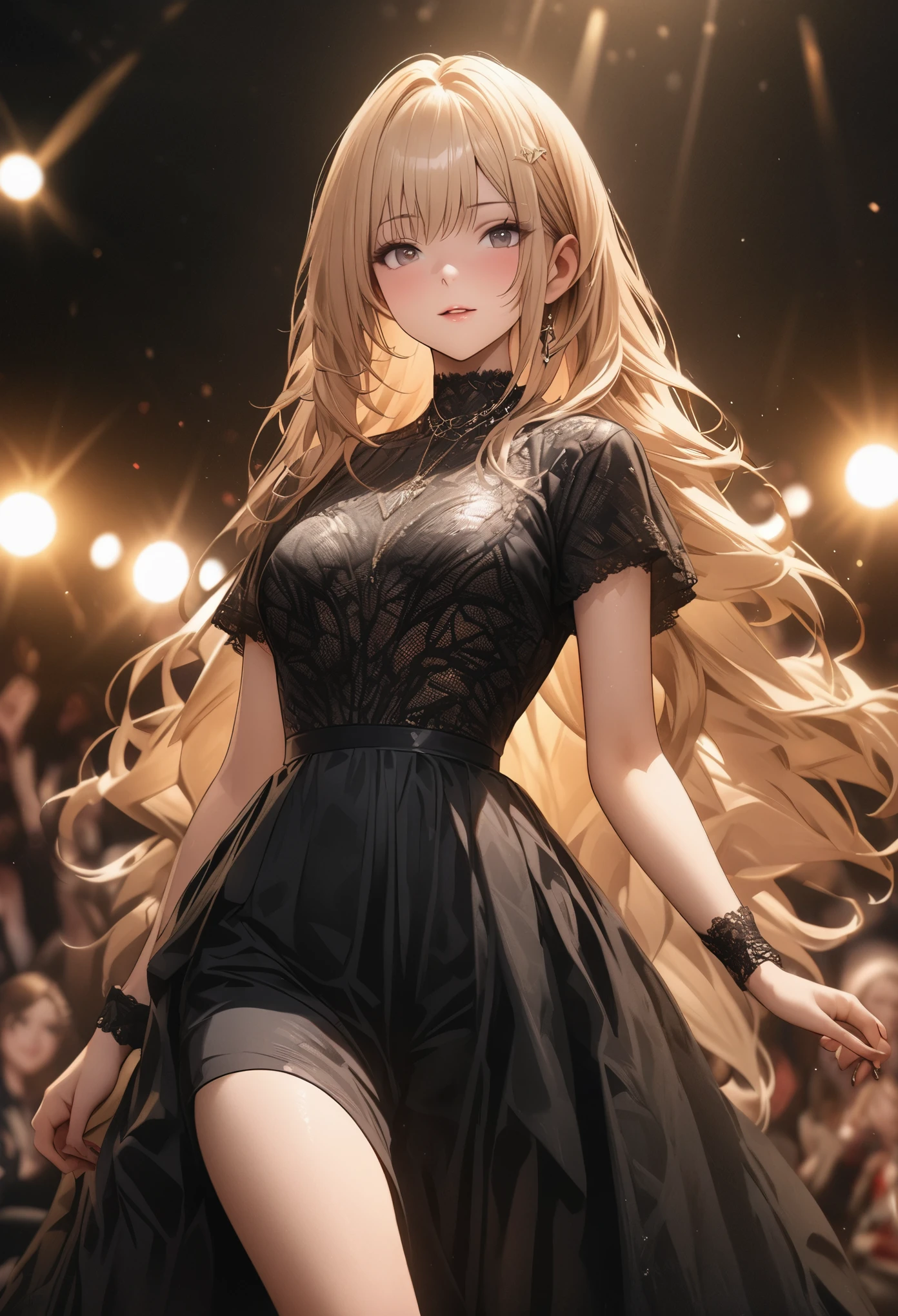masterpiece, best quality, extremely detailed CG unity 8k wallpaper, Fashion Model, Under the spotlight of the stage、Walking gracefully across the stage、whole body、Realistic skin texture、Golden Ratio、in focus with blurred background