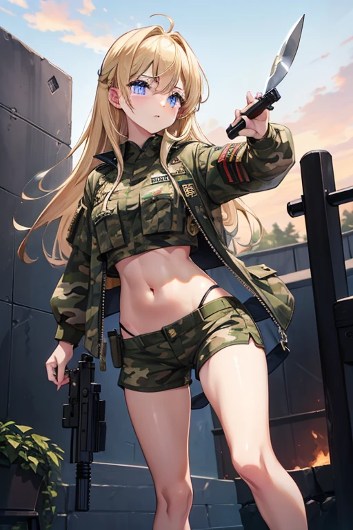 nightのmilitary base、beautiful girl、Blonde、Navel-baring camouflage combat uniform、Crop tops、Camouflage shorts、Bare legs、Hold a knife in one thigh、Holding a pistol、military base、fire、night