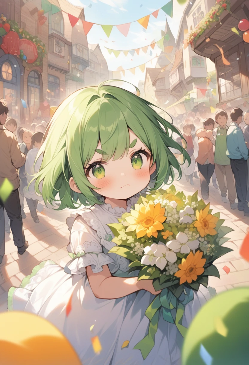 In a bustling celebration within a charming village square, a with (medium green hair:1.3) and distinct (green maro eyebrows:1.3) stands amidst the lively crowd. Her green eyes glimmer with a mix of curiosity and slight annoyance, adding to her pouty and slightly grumpy expression. She wears a delicate, frilly white dress adorned with pastel-colored ribbons and cute matching shoes. Holding a bouquet of vibrant flowers, her small fingers peek out from behind the petals. Her frown and jitome gaze intensify her adorable yet grumpy demeanor. The background showcases festive decorations, colorful banners, and confetti swirling in the air, capturing the joyful atmosphere of the celebration. The image is taken from a slightly low, close-up angle, highlighting her emotions against the vibrant festivities. The scene is rendered in ultra high quality with super detailed textures and vivid colors, ensuring every detail is captured in stunning 16K resolution.
masterpiece, ultra high quality, super cute moment captured, depth of field, super detailed, super high resolution, 8K, 16K, little female , medium green hair, green maro eyebrows, pouty and slightly grumpy, pout, ::(, jitome, frown, green eyes, holding flower bouquet, finger behind the bouquet, celebration, frilly white dress, pastel-colored ribbons, matching shoes, bustling celebration, charming village square, vibrant flowers, festive decorations, colorful banners, confetti swirling, joyful atmosphere, slightly low close-up angle, emotions against vibrant festivities, ultra high quality textures, vivid colors, 16K resolution