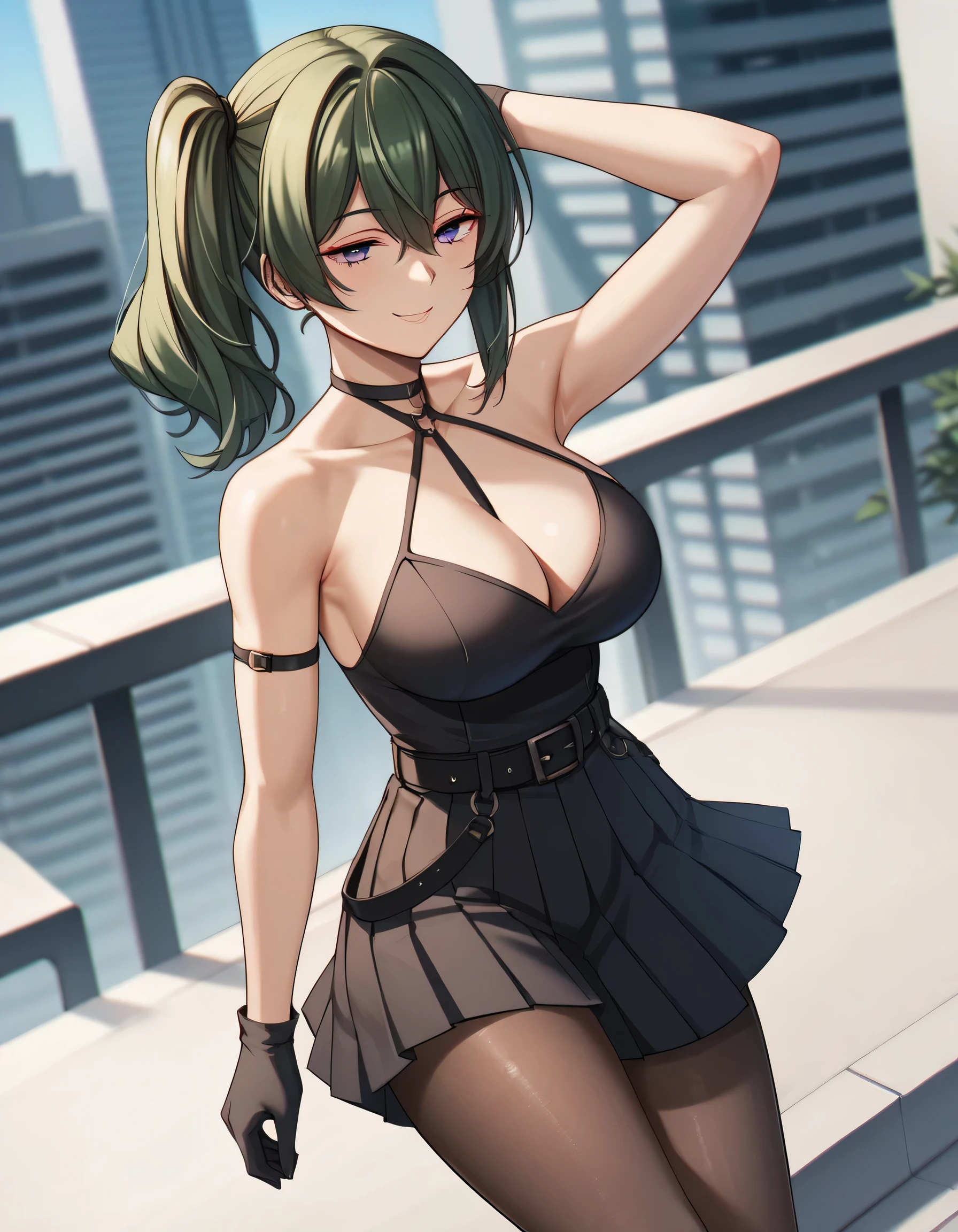 score_9, score_8_up, score_7_up, score_6_up, score_5_up, score_4_up, source_anime, 4k resolution, highest quality, 1girl, large breasts, thin body, beautiful, Comistyle, ubel,green hair, bangs,hair between eyes,side ponytail, purple eyes,black choker, collarbone, sleeveless, black dress,sleeveless dress, halterneck,pleated skirt, black gloves,belt,black footwear,half-closed eyes, armpit, city, outdoors , pantyhose , smile