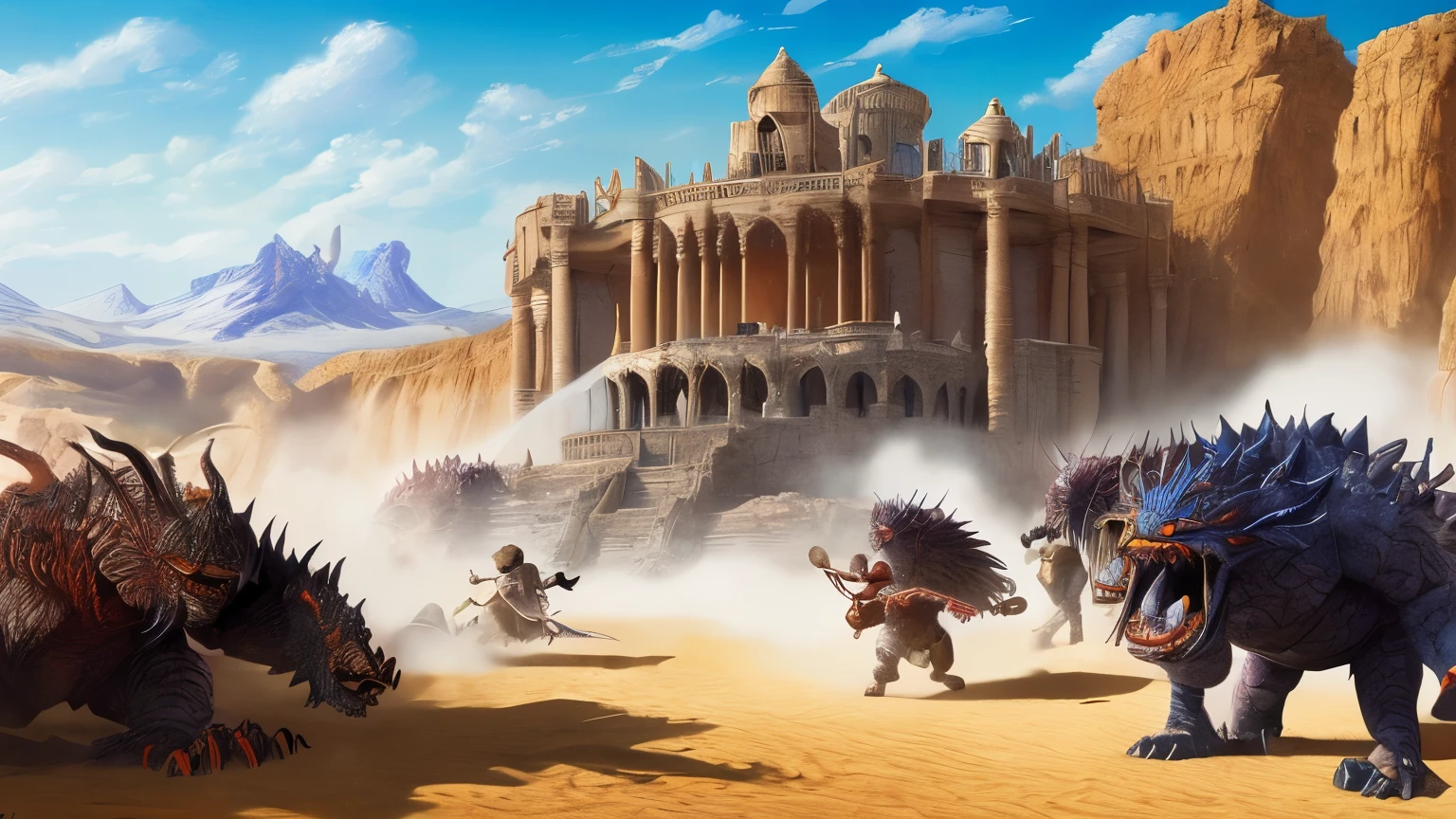 ((best quality)), ((masterpiece)), (detailed), A digital illustration of a palace being attacked by a group of monsters in a desert setting.