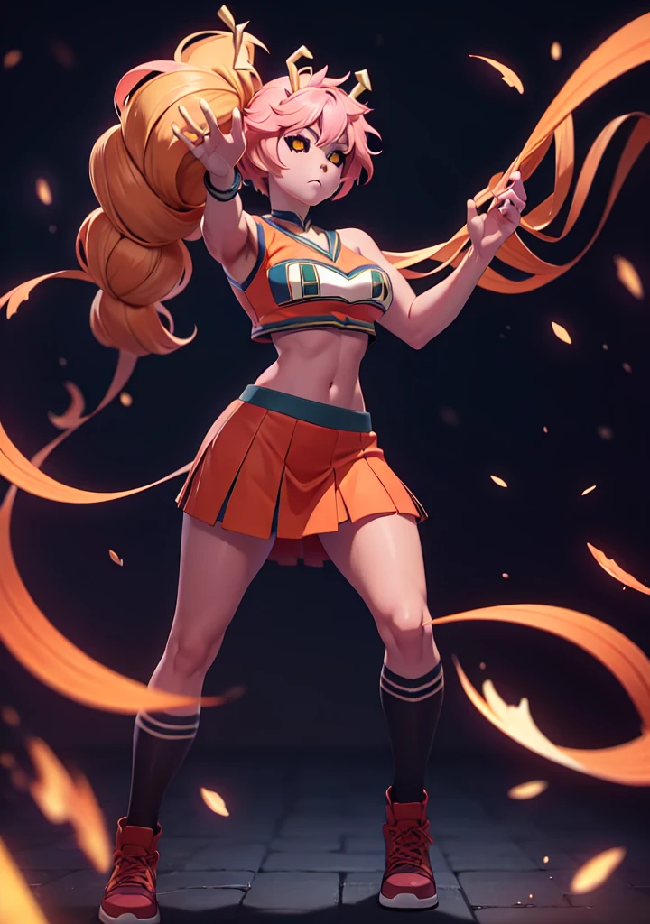 mina ashido, 1girl, solo, looking at viewer, short hair, simple background, yellow eyes, pink hair, horns, colored skin, colored sclera, black sclera, pink skin, U.A. CheerUniform, orange skirt, (bare belly), perfect shading, bare shoulders, big breasts