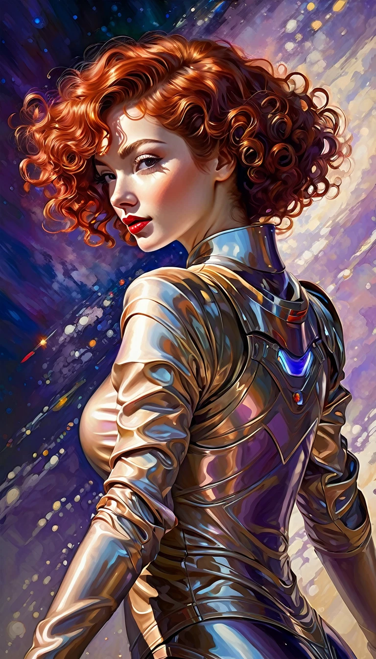 High-quality realistic acrylic painting, lateral back view, VIVID COLORS, a beautiful woman with short curly red hair, red lips, looking at the viewer with suspicious face and a shy smile. She wears beige AND purple shiny ultra-glossy armor, with the hands in waist, against a deep space background
