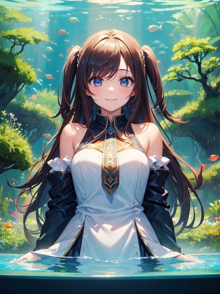 (masterpiece:1.5),(Beat quality),(high res),1girl solo,beautiful face,smile(shining eyes),upper body,light effects,Woman in plain clothes,aquarium