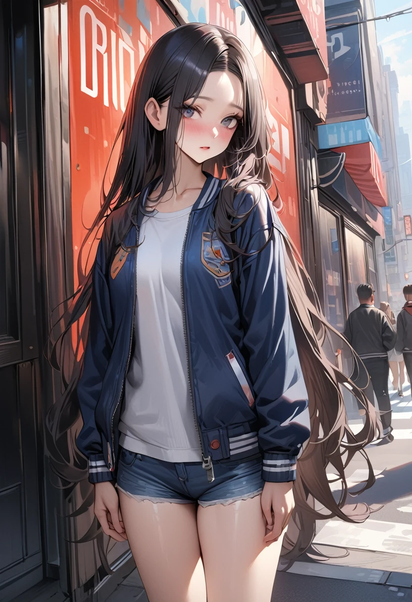 (((masterpiece,Highest quality:1.3,best quality illustration))),(realistic:1.2),cowboy shot,独奏,1woman,(Mature Beauty),black hair,straight long hair,forehead,center parted bangs,black eyes,(gorgeous big eyes),(very small head),blush,((very long body,skinny,slender body)),((Navy blue baseball jacket)),small breasts,gleaming skin,oily skin,denim micro shorts,Wearing a white tank top and a blouson,on street,New York City、