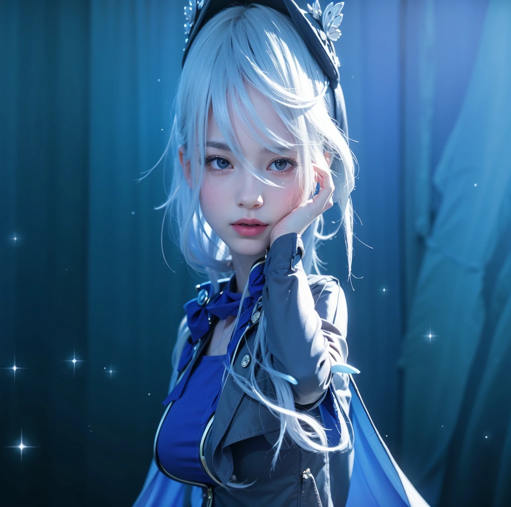 europe girl, smile, in deep water, white hair, blue uniform 
