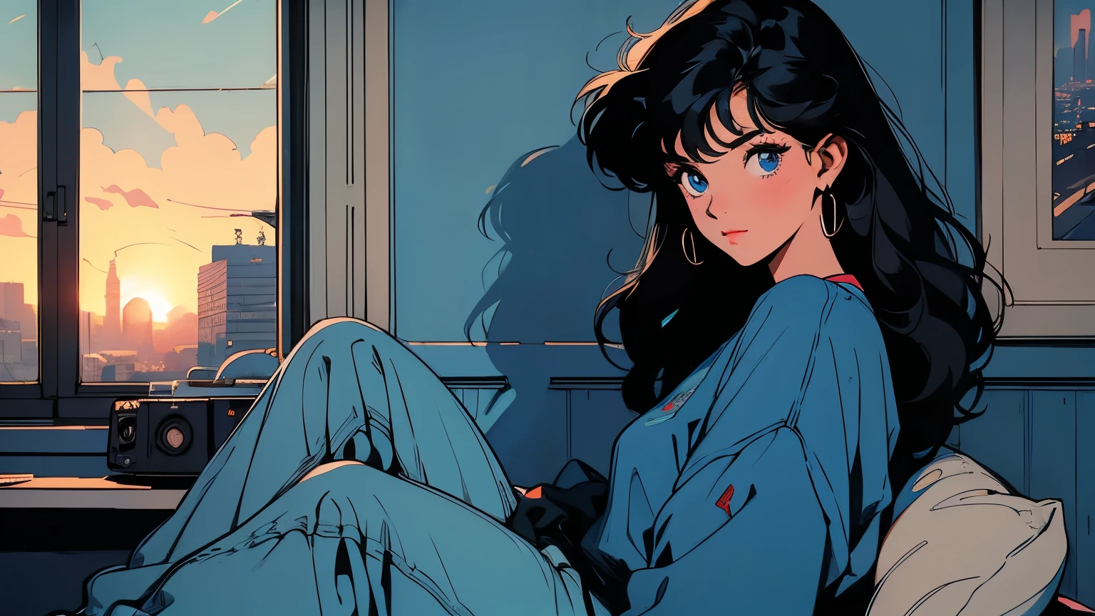 22 years old girl, A young woman with short, curly black hair and blue eyes, playing a synthesizer in a cozy room. She is sitting by the window with a view of a city at sunset. A cat is lounging in the room. The art style should be similar to a 80s anime aesthetic, side angle shot, lighting and shadow from the window, blue hour lighting, Beautiful Lighting