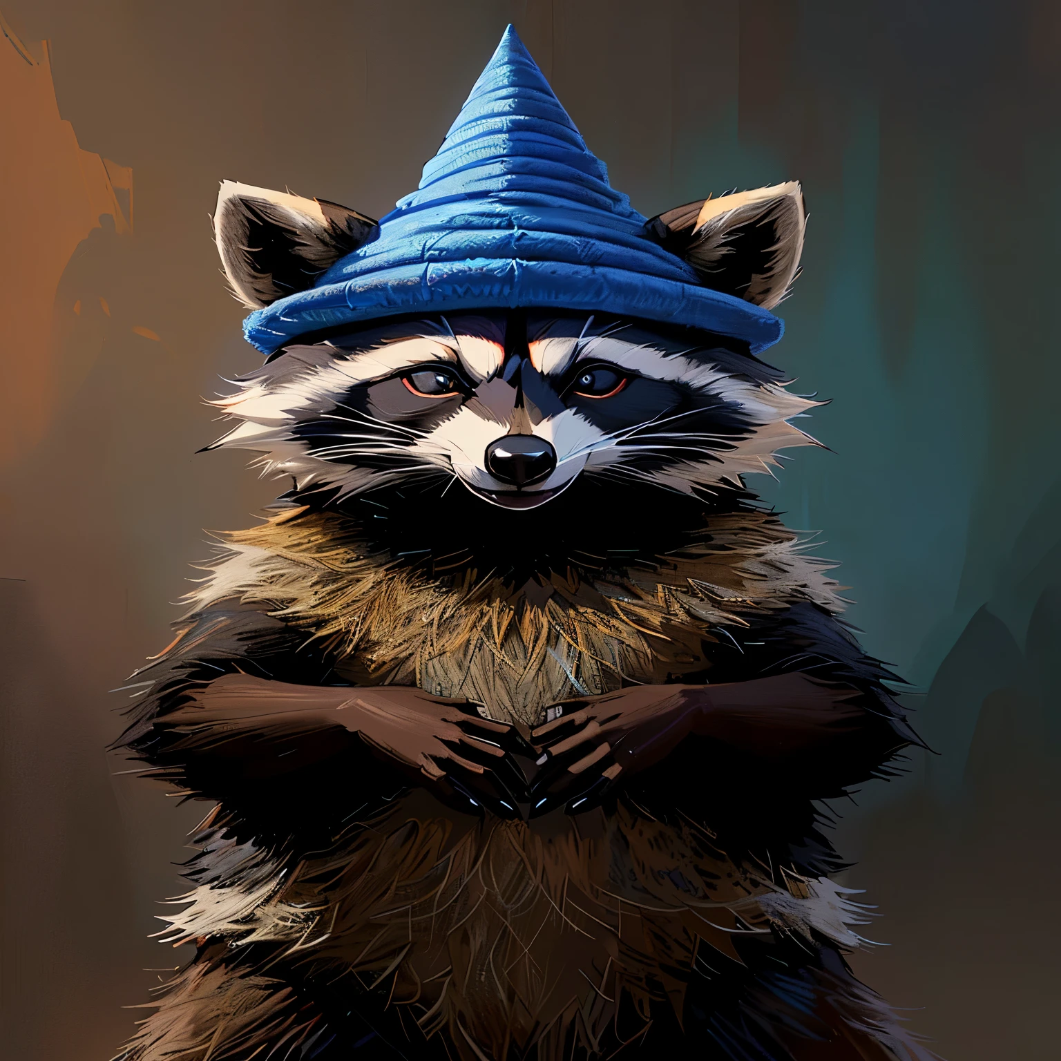 araff with a blue hat on his head and hands, anthropomorphic raccoon, raccoon, &quot;Portrait of a cartoon animal, charming digital painting, Animal in a hat, raccoon, a raccoon wearing formal clothes, Adam Marczynski, Dear Martin Post, extremely detailed raccoon