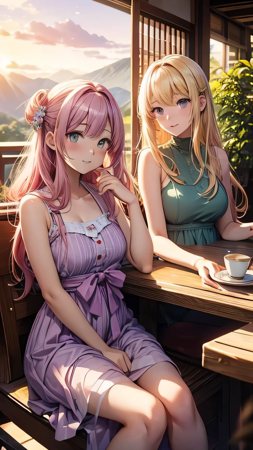 Sakura Mizuki, an 18-year-old girl with waist-length pink hair and large jade green eyes, and her friend Yuki, who has long blonde hair in loose waves and large amethyst purple eyes, are seated on a balcony with a breathtaking view of mountains. Sakura is in a light blue dress, and Yuki is wearing a vintage-inspired tea dress. They are sitting at a small wooden table, surrounded by potted plants, as the setting sun bathes the scene in a warm glow, highlighting the tranquil mountain backdrop.