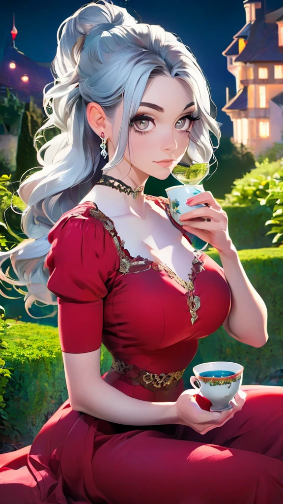 Gray Hair Woman, Gray Eyes, Royalty, Red Dress, Red Jewelry, Red Earrings, Lunar, Nobility, Noblewoman, High Quality, Highly Detailed, Detailed Face, Masterpiece, Castle, Drinking Tea, Garden, Flowers, Lights