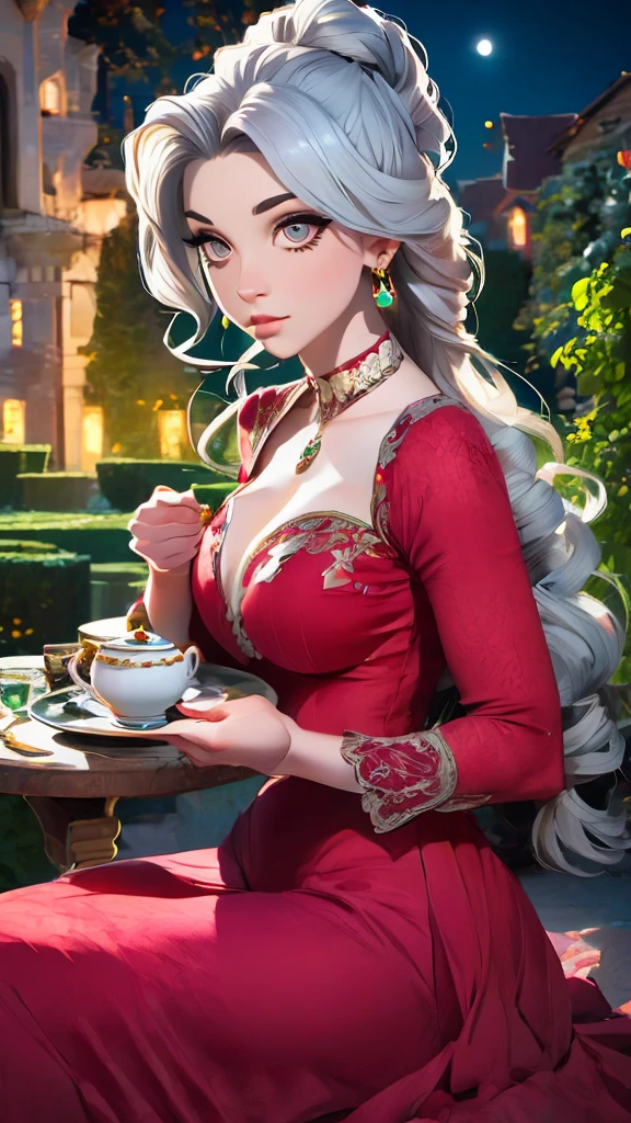 Gray Hair Woman, Gray Eyes, Royalty, Red Dress, Red Jewelry, Red Earrings, Lunar, Nobility, Noblewoman, High Quality, Highly Detailed, Detailed Face, Masterpiece, Castle, Drinking Tea, Garden, Flowers, Lights