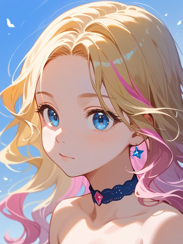 ((best quality)), ((masterpiece)), (detailed), perfect face, pale skin, blonde hair with pink highlights, long wavy hair, blue eyes, choker, 4k, young girl, beautiful girl, upper body, close up, high res, potrait, naked