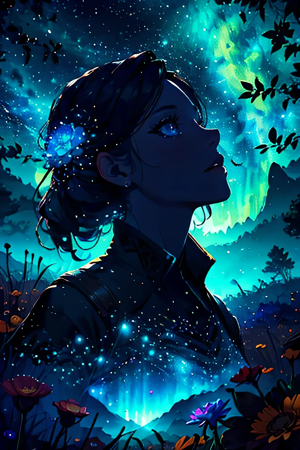 A wide landscape photo, a girl standing on a flower field looking up, full moon, meteor, nebula, distant mountains, trees, crafting art, warm light, firefly, lights, purple, orange, intricate details, volumetric lighting, masterpiece, best quality, 4k, ultra detailed, dynamic composition, rich in detail and color, rainbow color, glow, atmospheric lighting, dreamy, magical, solo, beautiful detailed eyes, beautiful detailed lips, extremely detailed eyes and face, long eyelashes, cinematic, photorealistic, 8k, hyperrealistic, dramatic lighting, vibrant colors, stunning, breathtaking, fantasy, magical realism