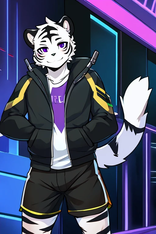 White fur tiger, little, with white tail, black jacket, address shirt, shorts negros, purple eyes, hacker