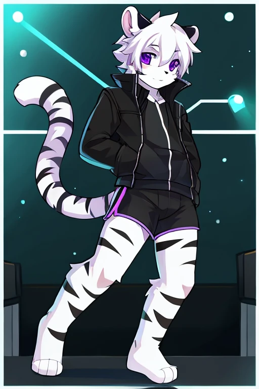 White fur tiger, little, with white tail, black jacket, address shirt, shorts negros, purple eyes, hacker
