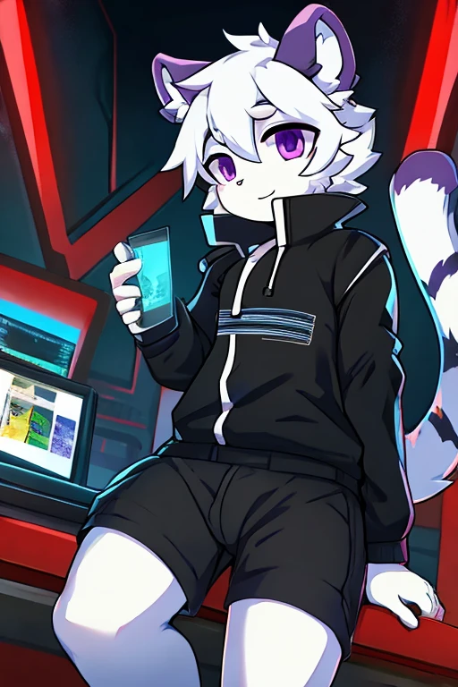 White fur tiger, little, with white tail, black jacket, address shirt, shorts negros, purple eyes, hacker