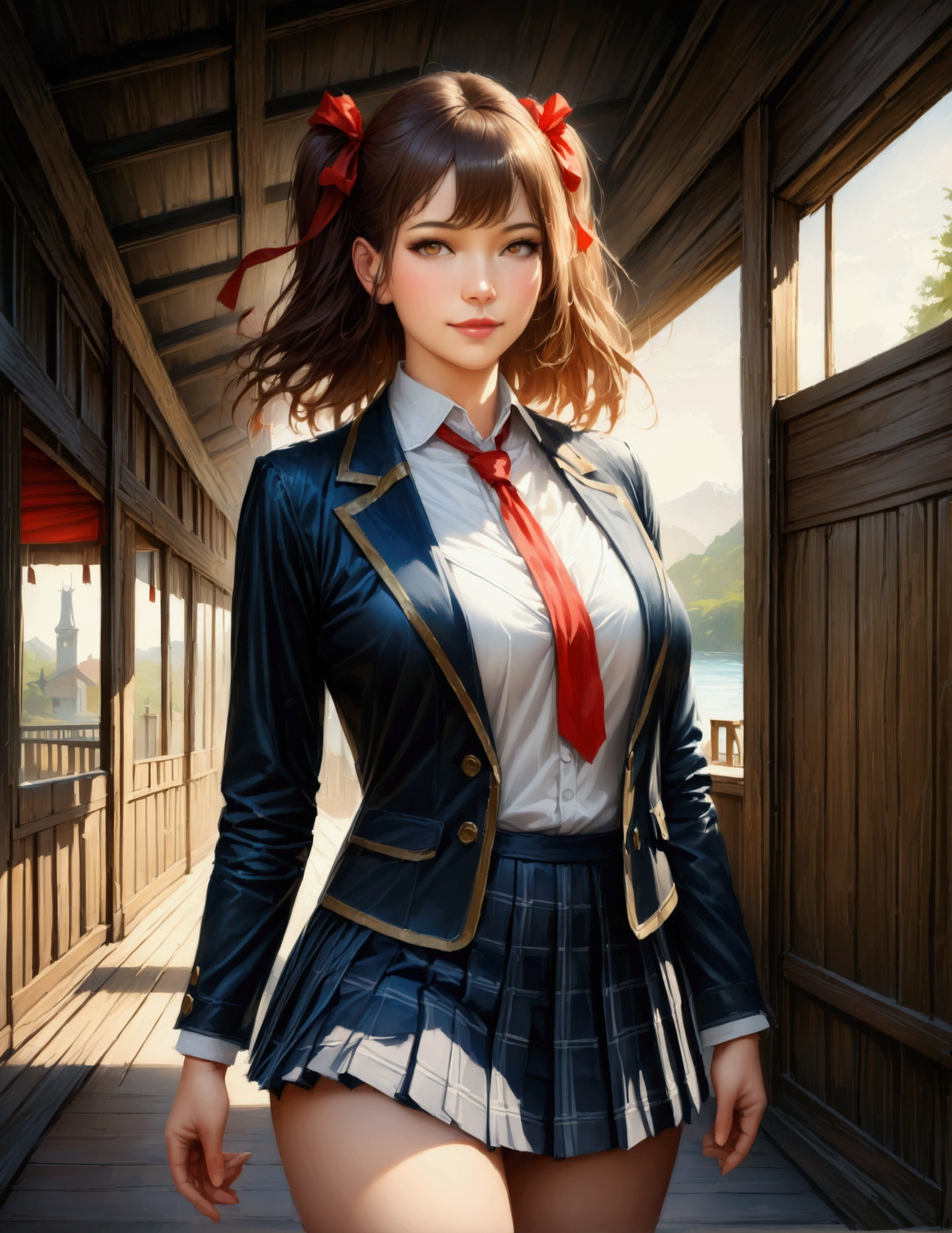 (masterpiece:1.3),(最high quality:1.4),(Very detailedな:1.5),High resolution,Very detailed,8k,artwork,High level of detail,rendering,high quality,Wide range of colors, (masterpiece:1.2, 最high quality), (Realistic, photoRealistic:1.4), Beautiful illustrations, (Natural Side Lighting, Cinema Lighting), View your audience, Cowboy Shot, Front view, 1 Anime Girl, Japanese, high school girl, Perfect Face, Cute and symmetrical face, Glowing Skin,
(Medium Hair:1.2, ((Both sides up:1.2)), Brown Hair), Golden Eyes, (Large Breasts:0.6, Captivating thighs),
Beautiful Hair, Beautiful Face, Beautiful attention to detail, Beautiful clavicle, Beautiful body, Beautiful breasts, Beautiful thighs, Beautiful legs, Beautiful fingers,
(((Navy Blazer, Close Blazer), white blouse shirt, Light Blue Plaid Pleated Skirt, Red ribbon tie), Red hair ribbon),
(Beautiful views), evening, River side, walk, (Cute Smile, Upward glance),
