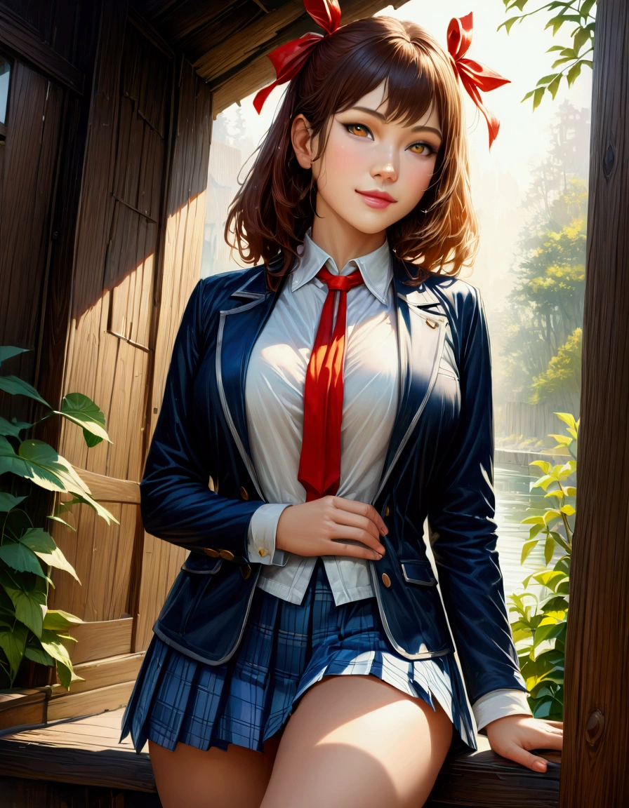 (masterpiece:1.3),(最high quality:1.4),(Very detailedな:1.5),High resolution,Very detailed,8k,artwork,High level of detail,rendering,high quality,Wide range of colors, (masterpiece:1.2, 最high quality), (Realistic, photoRealistic:1.4), Beautiful illustrations, (Natural Side Lighting, Cinema Lighting), View your audience, Cowboy Shot, Front view, 1 Anime Girl, Japanese, high school girl, Perfect Face, Cute and symmetrical face, Glowing Skin,
(Medium Hair:1.2, ((Both sides up:1.2)), Brown Hair), Golden Eyes, (Large Breasts:0.6, Captivating thighs),
Beautiful Hair, Beautiful Face, Beautiful attention to detail, Beautiful clavicle, Beautiful body, Beautiful breasts, Beautiful thighs, Beautiful legs, Beautiful fingers,
(((Navy Blazer, Close Blazer), white blouse shirt, Light Blue Plaid Pleated Skirt, Red ribbon tie), Red hair ribbon),
(Beautiful views), evening, River side, walk, (Cute Smile, Upward glance),