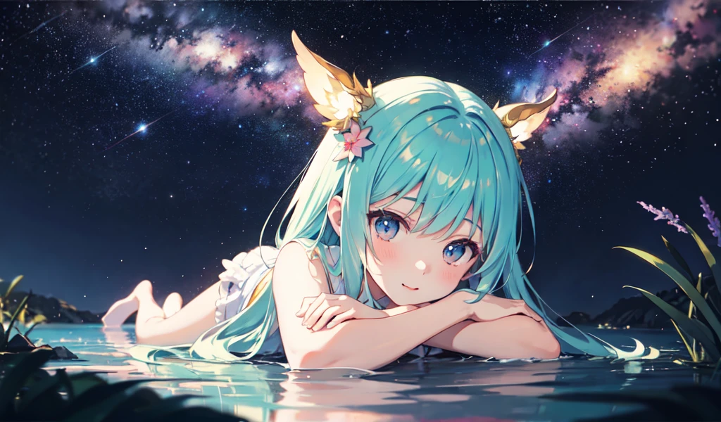 Illustrated scene with cute girl character lying on grassy water, Look up at the starry sky. Surround her with colorful nebulae and her favorite constellations.