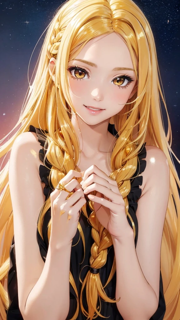 Browsing Caution,masterpiece、Highest quality、High resolution、High-quality images、8k, 1 female、Skin Radiance、Skin Texture、Expression of fine eyes、(Shiny bright golden hair:1.8),Girl with long braided hair, realism, detailed manga style, Manga art style, Perfect line drawing, Beautiful line art, digital manga art girl, (Beautiful golden eyes:1.5), clear, Beautiful Eyes、Fuller lips, Gorgeous face with attention to detail, (cute smile), charm, Front view, (Perfectly detailed face), (Beautiful Hands) 、Photorealistic images, Written boundary depth, Princess hairstyle, Princess、Corolla on the head , Look forward , Night Sky , Night view ,Beautiful starry sky , Romanticism、(Princess' Gorgeous golden dresses:1.5)、(Medium chest:1.5)、smile、blush、Princess Tiara、Fluffy blonde、Gorgeous blue sparkling earrings、Gorgeous gold bracelet、Gorgeous gold anklet、(Gorgeous gold thin nipple rings:1.3)、Palace balcony、Nadia: Blue Water Secret Necklace、(oblong face:1.5)、(Sparkling:1.2)、Cover your forehead with bangs、Bangs between the eyes、(Portraiture:1.0)、 Sex:1.5), (Cum in Pussy:1.5), Sex, (All Nude:1.3),(Pussy:1.3)