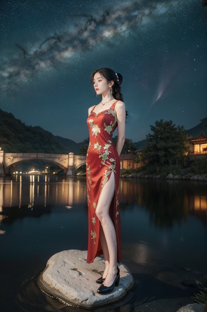 (((best quality))),(((ultra detailed))),(((masterpiece))),illustration,((1 beautiful girl,solo)),(shoulder length straight hair:1.2),((earrings,necklace)),((slim,thin)),((small breasts,flat chest)),(gorgeous sheer red Chinese dress:1.3),(slender legs:1.2),(loafers:1.2),(standing:1.3),(arms behind back:1.5),(on the stone arch bridge:1.3),((starry sky,the Milky Way,horizon)),elegance, grace, sophisticated updo, delicate hairpins, twinkling stars, radiant smile, bright eyes, wonder, beauty of the night sky, intricate patterns, flowers, birds, vibrant colors, ethereal, enchanting, old bridge, weathered, sturdy, natural surroundings, serene, peaceful atmosphere, rippling water, stars, graceful silhouette, magic, tranquility, twinkling stars, mesmerizing canopy of light, cool air, crisp, faint scent of blooming flowers, contemplation, admiration, ancient China, timeless, rich culture, traditions, captivating, enchanting atmosphere, myth, legend,((from front,full body))