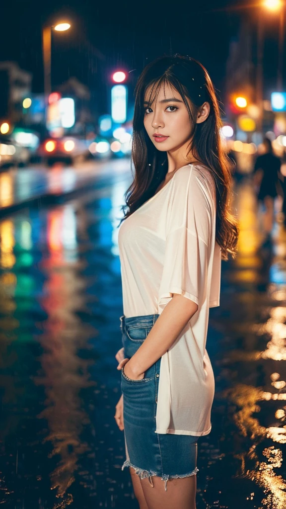 (photograph realistic:1.4), ((midnight、top-quality、8k、masterpiece:1.3)), full bodyesbian, long legs, foco nítido:1.2, Beautiful korean idol, wet body, high heels ((flowy blonde hair、braless、colossal breasts:1.2)), (casual white tight shirt with o-neck short-sleeve, jeans flare, is standing:1.2), ((Night City View、heavy rain、On the street:1.3)), finely detailed eyes and detailed face, film gain, vintage effects