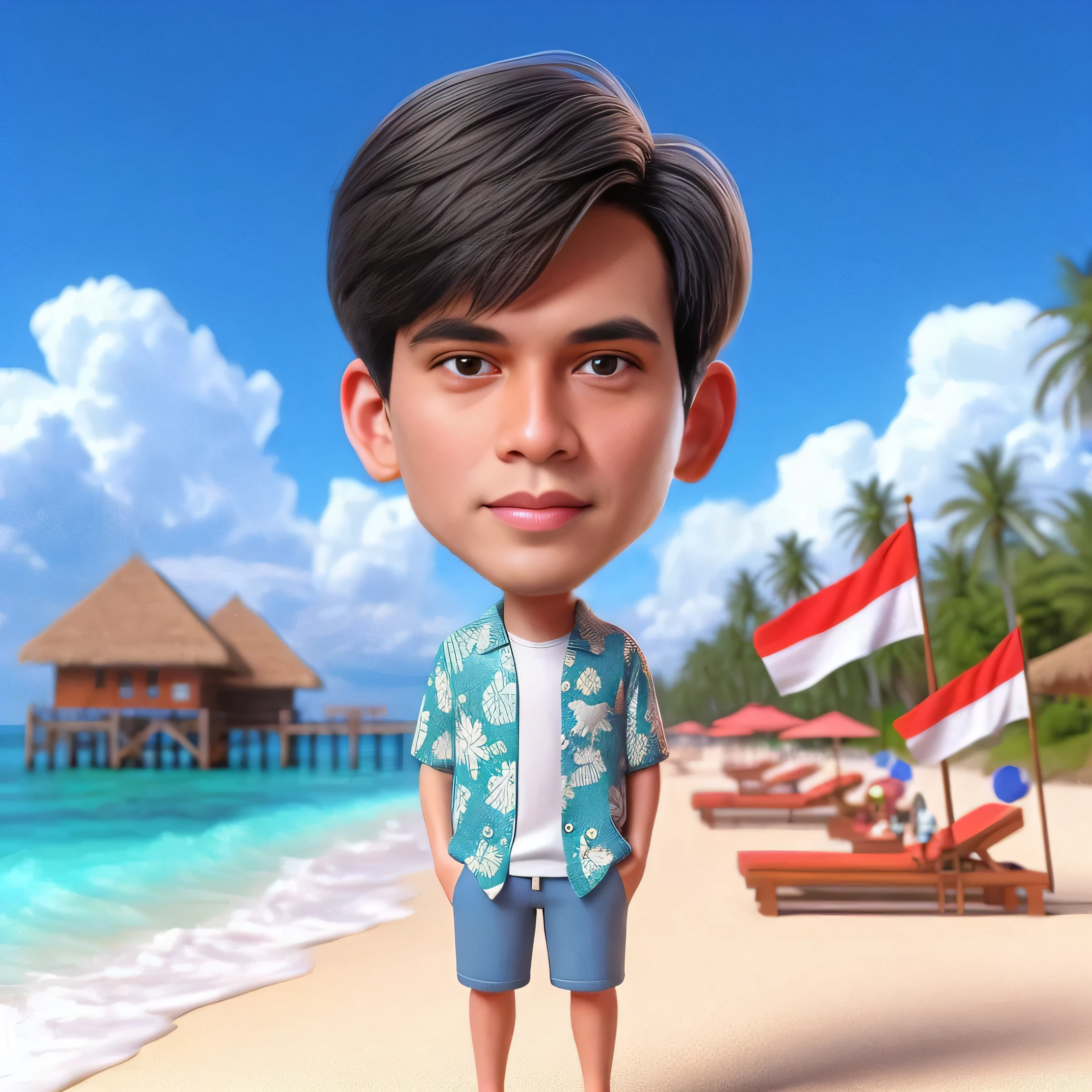 a cartoon boy standing on a beach with a flag in the background, in cartoon style, official fanart, nft portrait, inspired by Rudy Siswanto, cartoon artstyle, traditional art, caricature style, fanart, cartoon digital art, cartoon digital painting, realistic cartoon, cartoon portrait, caricature illustration, digital art cartoon, charicature, inspired by Abidin Dino