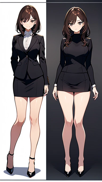 masterpiece: 1.6, Highest quality: 1.4, Intricate details: 1.2, 1 mature woman,28 years old,office lady,attractive office lady, alone, (Brown Hair), Medium Hair, single ~ ~ sidelock, amount: 1.5, Slender figure,Small breasts,(Exposed thighs:1.3),office casual style, (Black recruitment suit:1.5),White shirt,(Black tight skirt:1.2), Full Body Shot, Multiple Views, front, return, ~ ~ side, performance, ((Character setting material collection, Different poses of the same character, Character Reversal: 1.5, Multiple Views)), arms behind return, Portraiture, Happy, Are crying, Get angry, smile