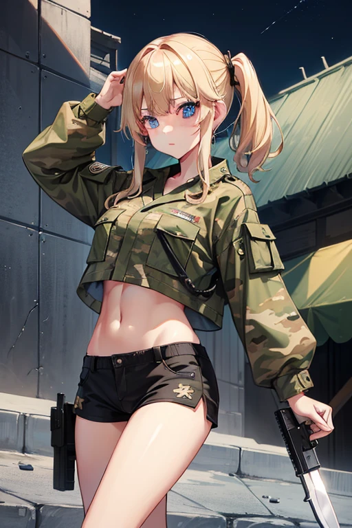 nightのmilitary base、beautiful girl、Blonde、Navel-baring camouflage combat uniform、Crop tops、Camouflage shorts、Bare legs、Hold a knife in one thigh、Holding a pistol、military base、fire、night