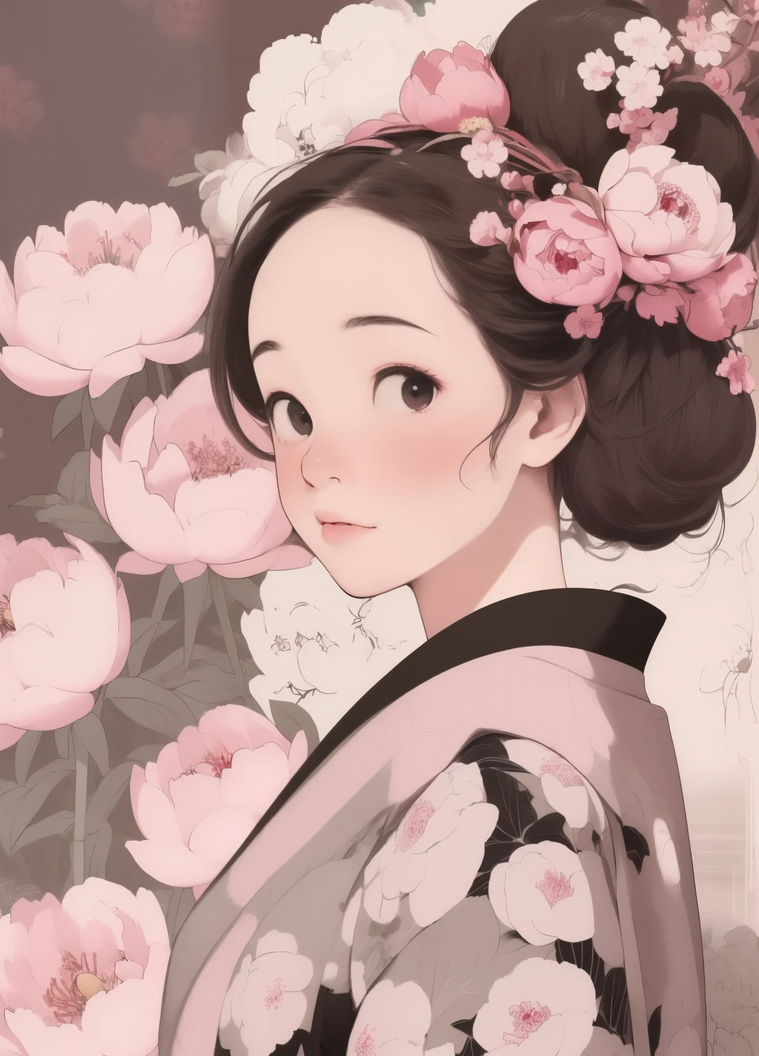 (masterpiece、Highest quality、Highest quality、Official Art、Beautiful and beautiful:1.2)、(One girl:1.3)Hatsune Miku、Twin tails,Beautiful breasts, Katsushika Hokusai, Ink Painting, peony, Flower on shoulder, short hair, Delicate and precise, Thor, Modern ukiyo-e style,