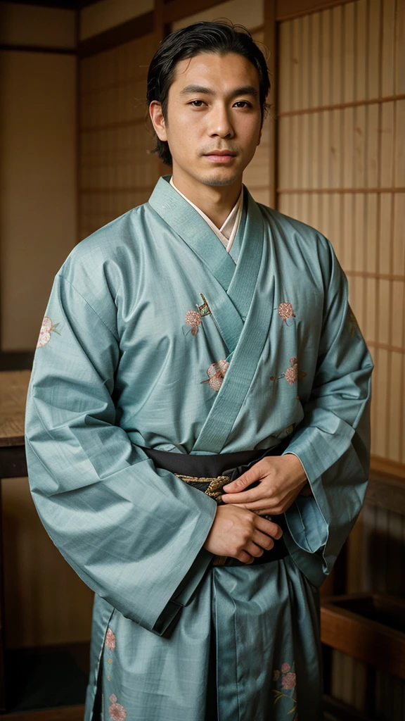 Portrait of Prince Shotoku of ancient Japan。A man in traditional clothing、Depicted with a dignified expression。The background features an old-fashioned Japanese pattern