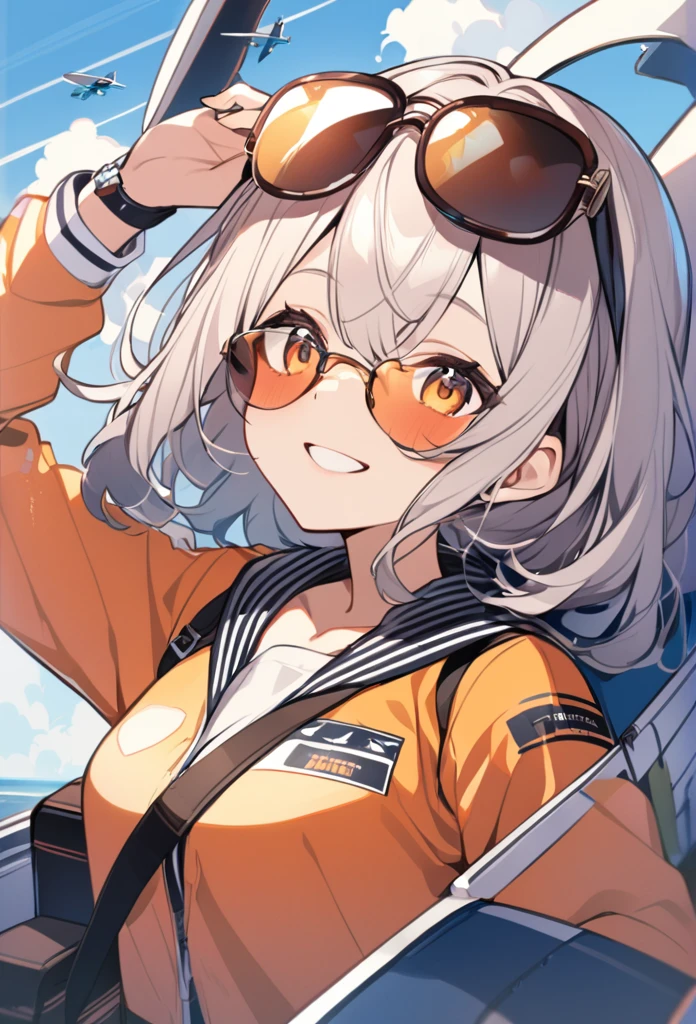 One girl,pilot、plane、sunglasses、A relaxed expression
