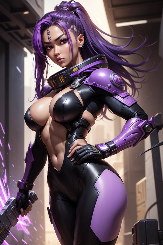 A beautiful, exuberant and very young cybernetic android warrior with black African and oriental Japanese and Chinese features, mixed with the clone of the Greek warrior goddess Athena, with super ultra mega giant breasts, purple eyes, transformed into a super sensual and extremely muscular astronaut, fitness, fit bodybuilder and weightlifter, very muscular thighs wearing very short, super radical and purple punk style hair and very straight in locks, wearing sexy cyberpunk battle outfits, observing various spaceships on a strange planet full of large wild and murderous predator monsters and preparing and wielding their huge futuristic weapons for combat