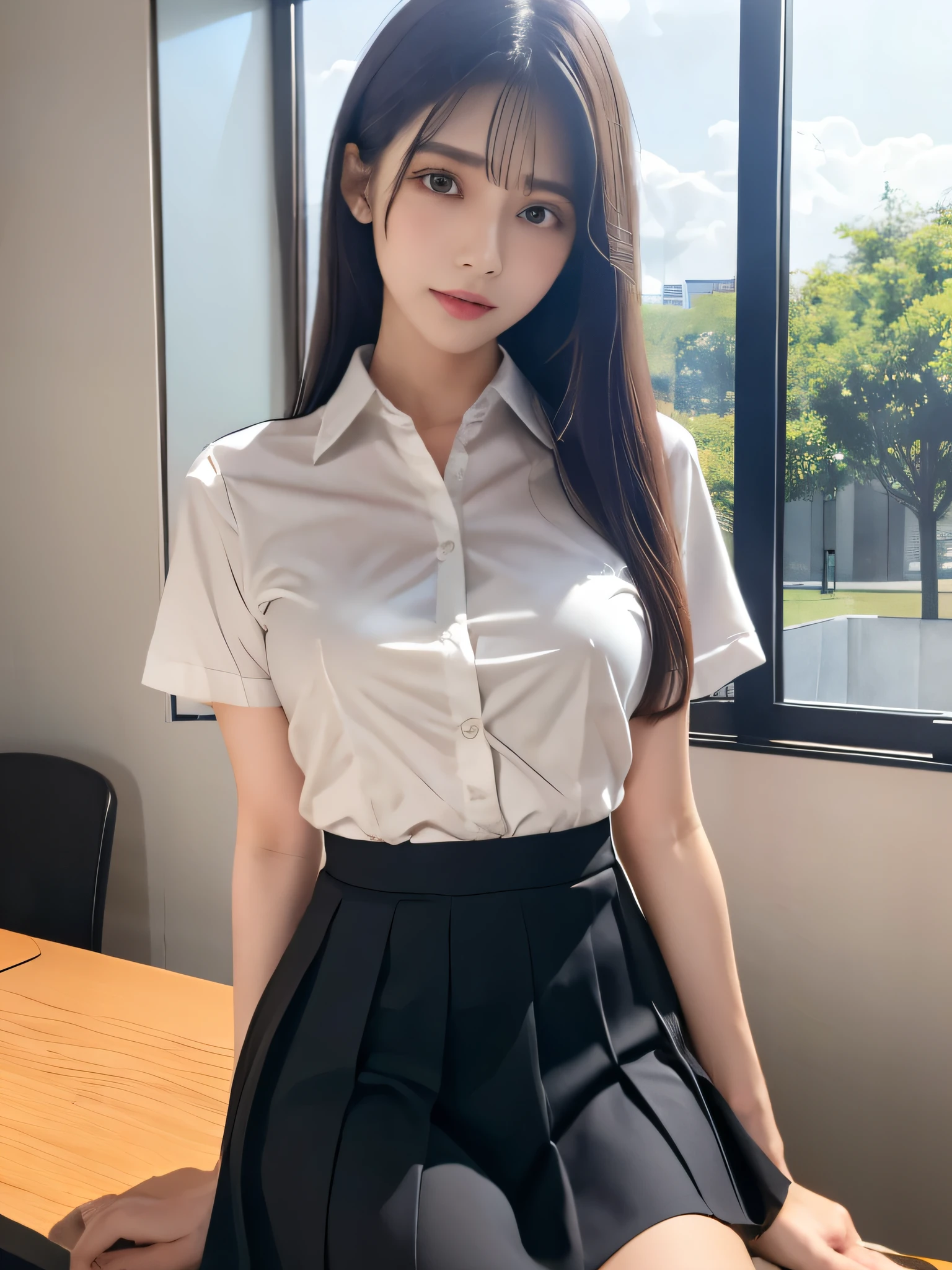 ((ultra HD), (School uniform with short sleeves, White collared shirt, Black Skirt), whole body, Big Breasts, Cleavage, Slender, (Clean and shiny skin, Whitening, No makeup), (超Slenderな顔立ち, Super beautiful face, Delicate face), (long hair, Layered Cut, Fluffy hair,light brown), (Patchy double eyelids, Slanted Eyes), Small Nose, Thin lips, Thin legs, lecture hall