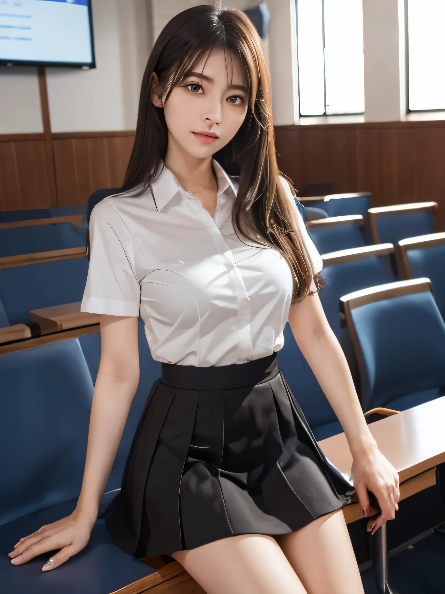 ((ultra HD), (School uniform with short sleeves, White collared shirt, Black Skirt), whole body, Big Breasts, Cleavage, Slender, (Clean and shiny skin, Whitening, No makeup), (超Slenderな顔立ち, Super beautiful face, Delicate face), (long hair, Layered Cut, Fluffy hair,light brown), (Patchy double eyelids, Slanted Eyes), Small Nose, Thin lips, Thin legs, lecture hall