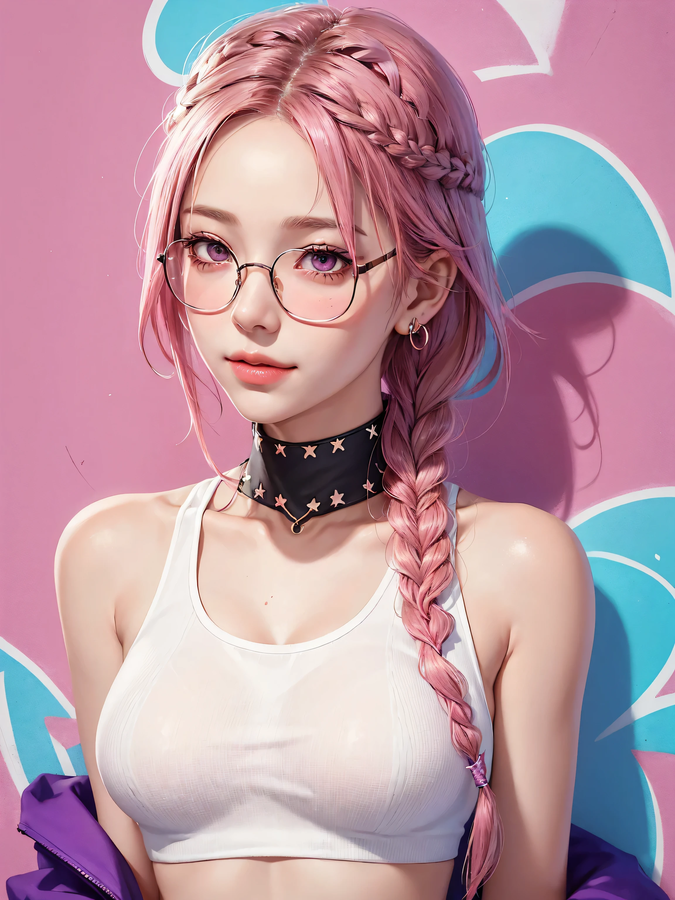 (Masterpiece, best quality, 1 girl, alone, complicated details, Chromatic aberration), realistic, ((Moderate breath)),long hair, pink hair, Red headpiece, Pink Highlights, hair on one eye,purple eyes, earring, sharp eyes, choker, Neon coat, She wears a collar, bangle, and kimono style garters., crop top, (symmetrical eyes),(Perfect symmetrical body),against the wall, Brick wall, (colorful graffiti words on the wall:1.2), The light is dim., alley ,Look at the viewer.、Dig the chest、smile、(sleeveless、Navel touch、Fitted turtleneck.)、street string hot pants、Thin bottom、Please build above the eaves..、Thin shoulders、1 Female,Brown Hair, ,((Anxious expression)),Beautiful breasts,School Swimsuit、Stylish,,(Look forward)(((Blushing、Surprised expression)),(((Braid))),((( Upper body portrait)))Frameless Glasses
