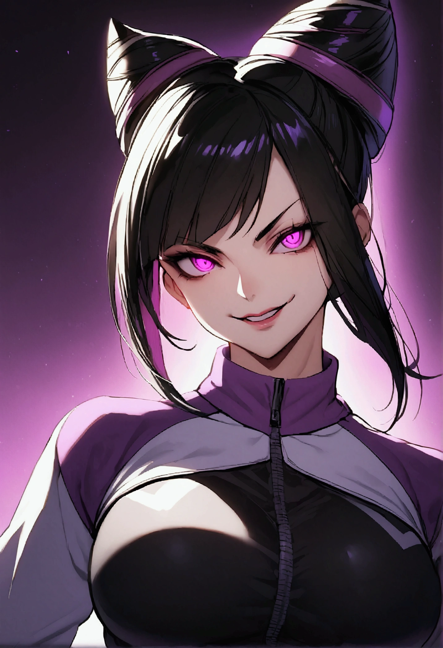 dark eye shadow,shining eyes,beautiful young fitness woman with , in a gym wearing May with black pantyhose, tight white and purple gym jacket. standing alone,hair horns,glowing purple eyes,Evil smile,legging preto ,labiaa,dark eye shadow,shining eyes,close up,juri han