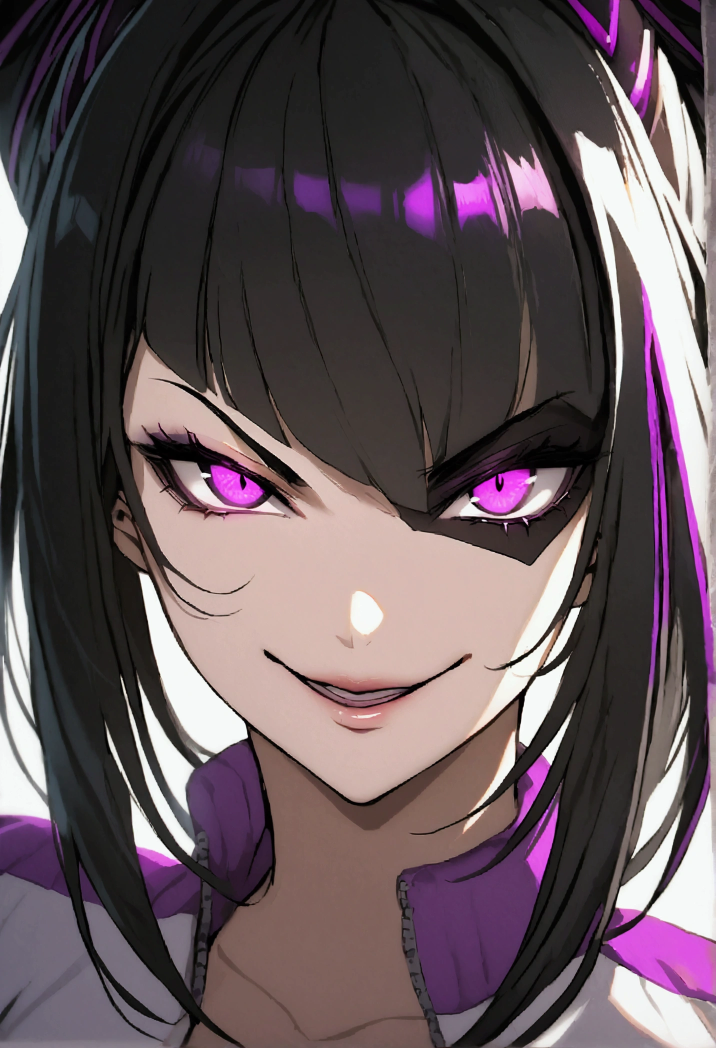 dark eye shadow,shining eyes,beautiful young fitness woman with , in a gym wearing May with black pantyhose, tight white and purple gym jacket. standing alone,hair horns,glowing purple eyes,Evil smile,legging preto ,labiaa,dark eye shadow,shining eyes,close up,juri han

