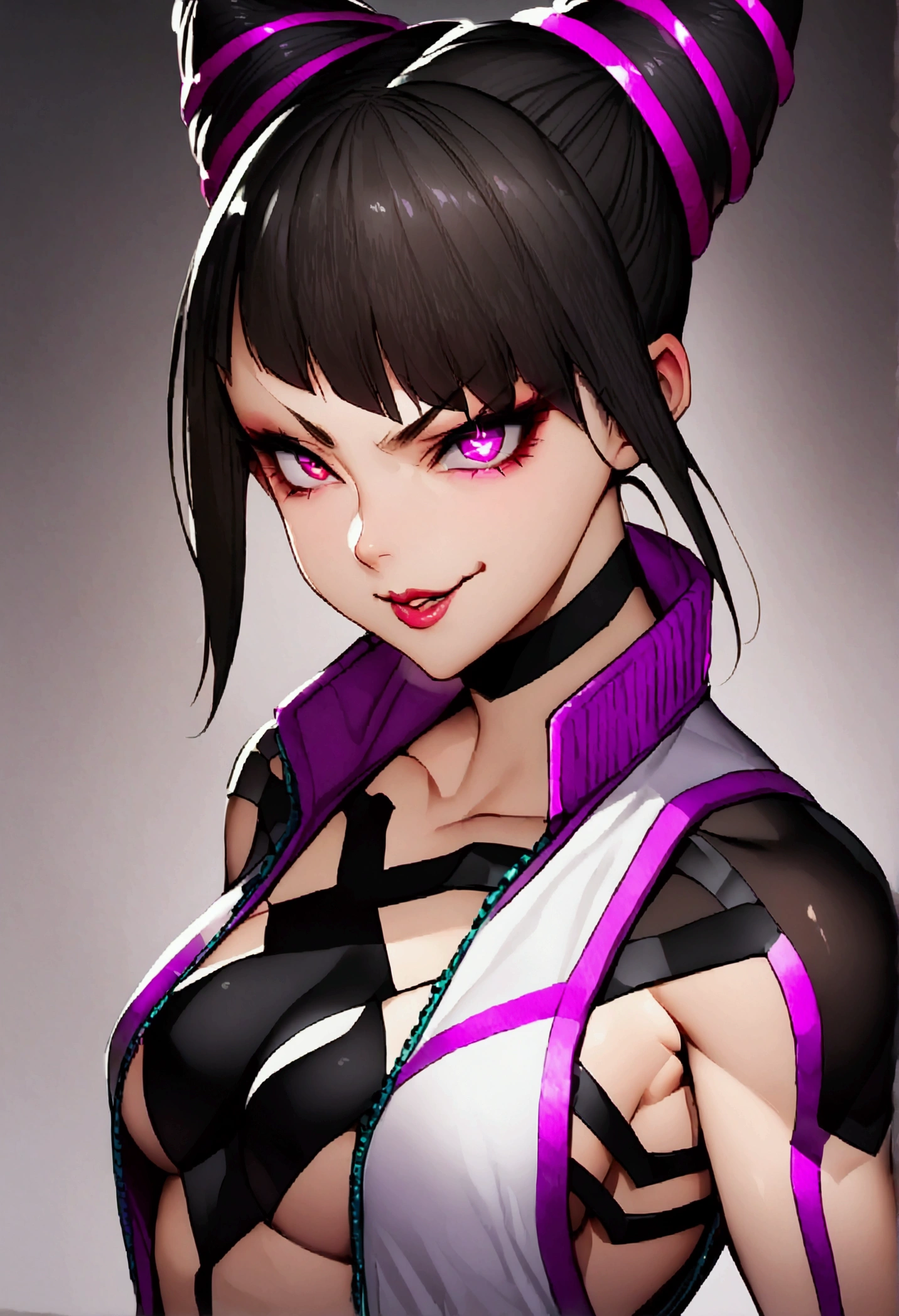 dark eye shadow,shining eyes,beautiful young fitness woman with , in a gym wearing May with black pantyhose, tight white and purple gym jacket. standing alone,hair horns,glowing purple eyes,Evil smile,legging preto ,labiaa,dark eye shadow,shining eyes,close up,juri han