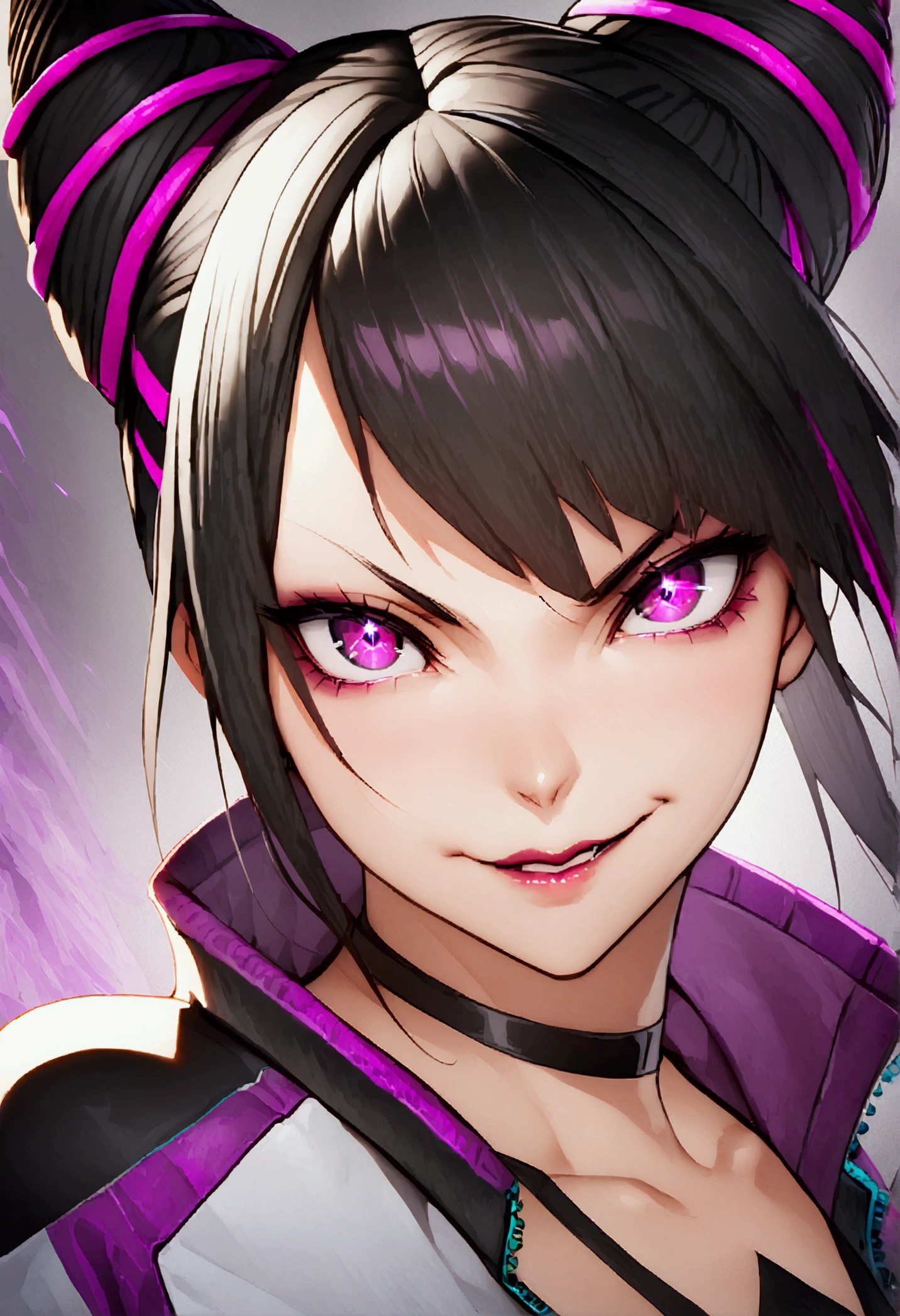 dark eye shadow,shining eyes,beautiful young fitness woman with , in a gym wearing May with black pantyhose, tight white and purple gym jacket. standing alone,hair horns,glowing purple eyes,Evil smile,legging preto ,labiaa,dark eye shadow,shining eyes,close up,juri han