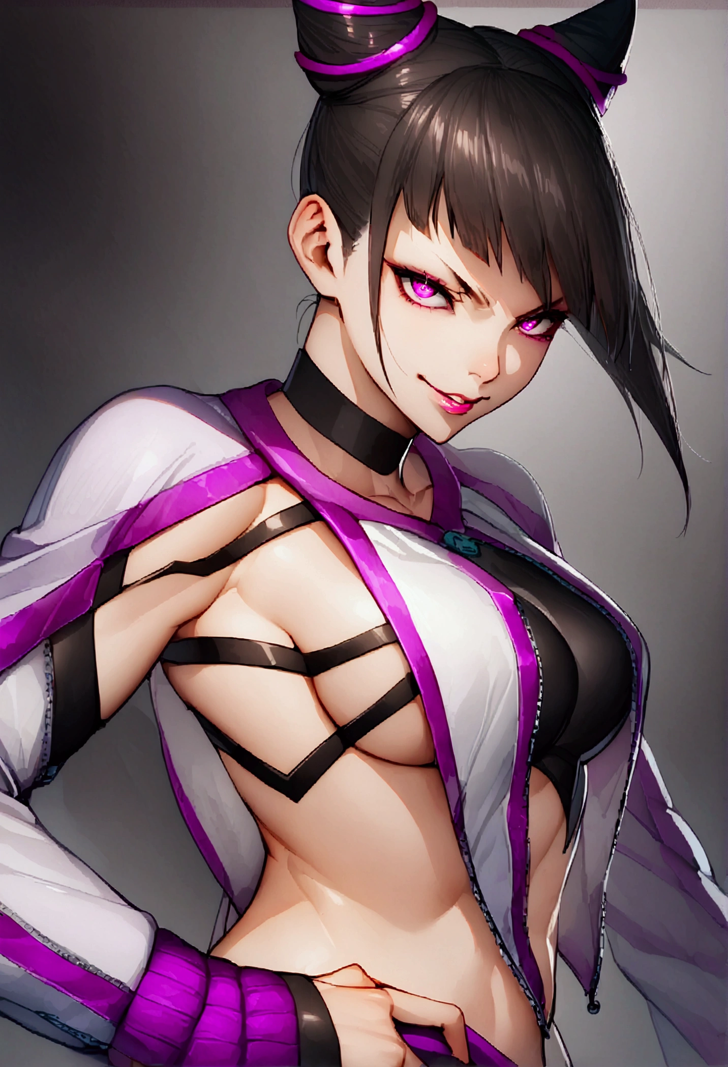dark eye shadow,shining eyes,beautiful young fitness woman with , in a gym wearing May with black pantyhose, tight white and purple gym jacket. standing alone,hair horns,glowing purple eyes,Evil smile,legging preto ,labiaa,dark eye shadow,shining eyes,close up,juri han