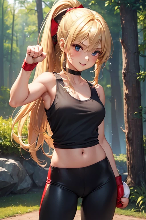 #基本
A girl is posing for a photo, ((One Girl)), (((Baby Face:1.2)) + ((cute:1.3))),
#A girl is posing for a photo, ((One Girl)), (((Baby Face)) + ((cute)) + ),
break
#Clothing Accessories
(((red on black)Tank Top)) + (((red on black)Sports pants)) + (Tight fitting through the waist), ((Sheer black tights)), (White sneakers), (Black choker),
Gold hoop earrings,
break
#Features
((Blonde:1.4)), (ponytail : Long Hair + Curly hair + Voluminous Hair + Red string ribbon),
((Droopy eyes), blue eyes, (Big eyes:1.2)), (Very small breasts),
b#background environment
(noon, (In the sunlight of the forest, waterfall)),
#Facial Expression Pose
((smile), (Dynamic Pose, ((bare hands:1.5)) + ((punching:1.5))),
#composition
(To the camera, (Focus from the front), (Cowboy Shot)),
break
#Body parts elements
(Slim figure),
(Detailed Hair, Beautiful Hair, Shiny Hair),
(double eyelid, Long eyelashes),
(Expression of fine eyes, Beautiful and delicate eyes, Sparkling eyes, Eye Reflexes, Glitter Eyeliner),
(Human Ear),
(Beautiful Nose, Thin Nose),
(Glossy Lips, Beautiful Lips, Thick lips, Glossy Lips, Natural Cheeks),
(Detailed face, Symmetrical facial features),
(Detailed skin, Textured skin, Beautiful Skin, Glowing Skin),
break
#Quality Image Quality Common
(((Highest quality)), ((masterpiece)), ((Very detailed))), ((Ultra-high resolution)), ((16K, 1080P)), ((FHD)),
(Anatomically correct), (Realistic), (3DCG),
#Quality image illustration
((comics, anime)), CG illustration,