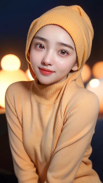 a 20 yo woman,hijab, soft orange sweater, dark theme, soothing tones, muted colors, high contrast, (natural skin texture, hyperrealism, soft light, sharp), simple background, smile, natural beauty