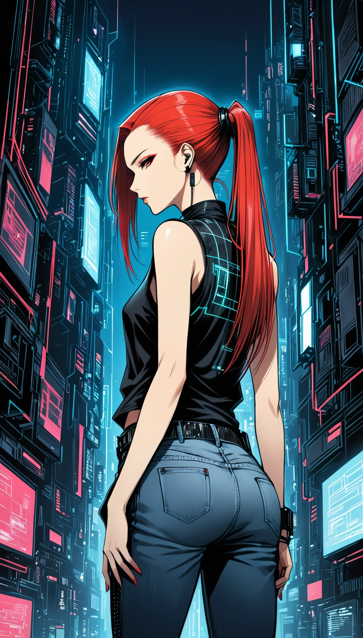 in style of Santiago Caruso,1girl,solo，Blue Background，oversize ，Hip-hop style，Black Plaid Sleeveless T-Shirt，jeans，One hand behind your back，looking at viewer，(Soft and straight cyberpunk hair:1.5)Red long hair，Simple style，wide angle,Dynamic Angle，Slanted screen composition，(bangs_pinned_back:1.5),