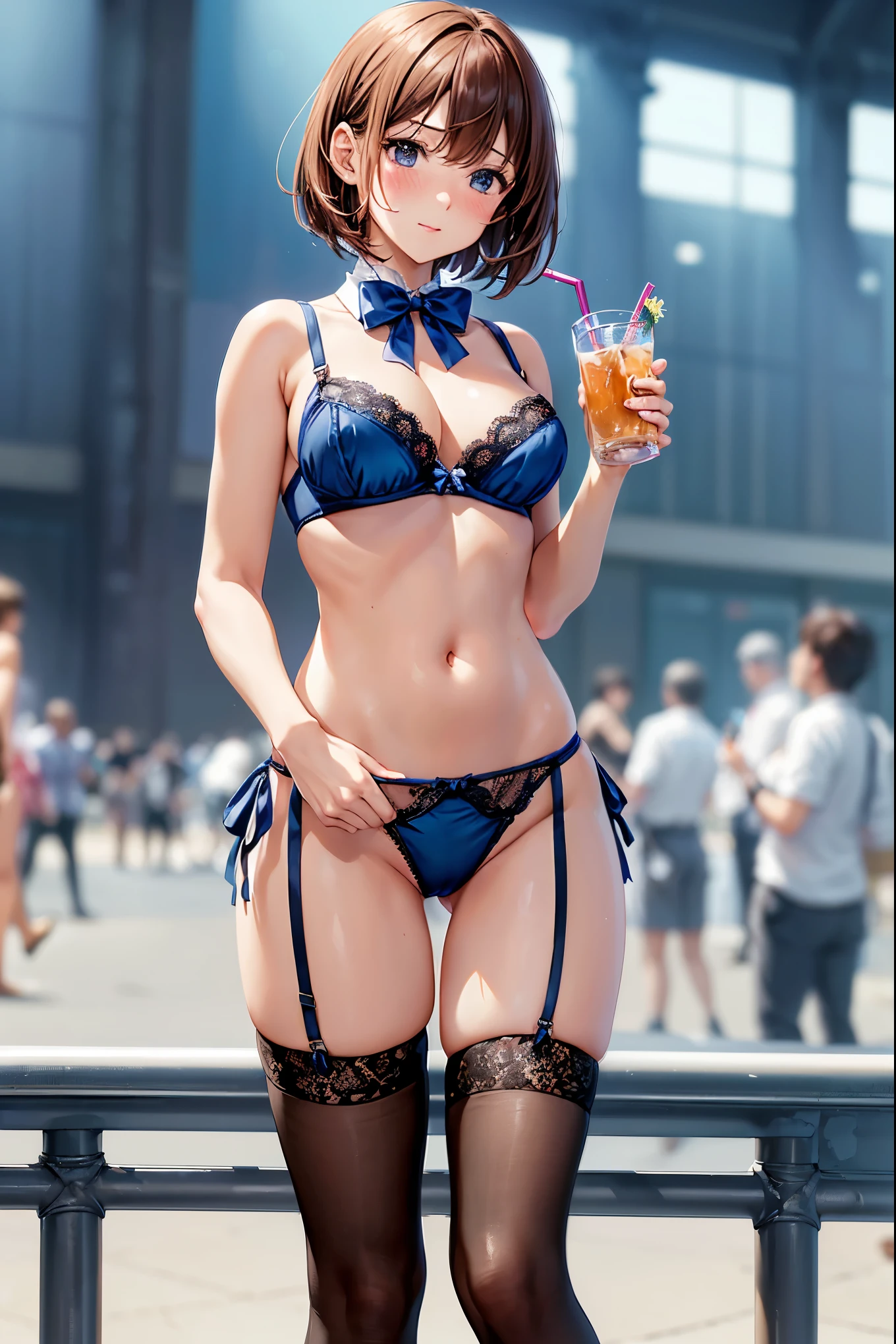 (((masterpiece, Highest quality, High resolution, 超High resolution, Perfect Pixel, Depth of written boundary, 4K, RTTX 10.0))), Beautiful Anime Woman, Beautiful art style, Anime characters, ((Smooth texture, Realistic texture, Anime CG Style)), Perfect and accurate finger count、Exact number of legs、(Exact number of arms:1.0, Exact number of hands:1.0), (Perfect hands, Perfect Anatomy), Cinematic, Realistic, Extremely detailed CG, Daytime lighting, Perfect lighting, Best Shadow, The best natural light, whole body, Perfect body, バランのとれたPerfect body, Perfectly balanced style, Slender body, ((bangs, Reddish brown hair, Bobcut)), ((A cute adult woman is carrying a drink in her hands:1.8)), ((Bow tie around neck:1.3), (Sexy and cute blue underwear:1.3), (Stylish shiny blue satin panties, Side-tie panties, Panties with plain blue center and lace decoration on the sides:1.3), (Thin panties:1.3), (Blue micro lace satin bra, Blue bra with lace trim around the edges, Thin bra:1.3), (lace garter belt, Garter Strings, Knee socks:1.3):1.3), (Beautiful big , Cleavage:1.1), (Embarrassed expression:1.7), blush, (Adult Events, Makuhari Messe, Many visitors in the background, A crowded venue, Many men surrounding a woman, The attention of the men around her:1.7), naked, In underwear, パンティとブラとガーターベルトとKnee socksだけ, Angle from the front