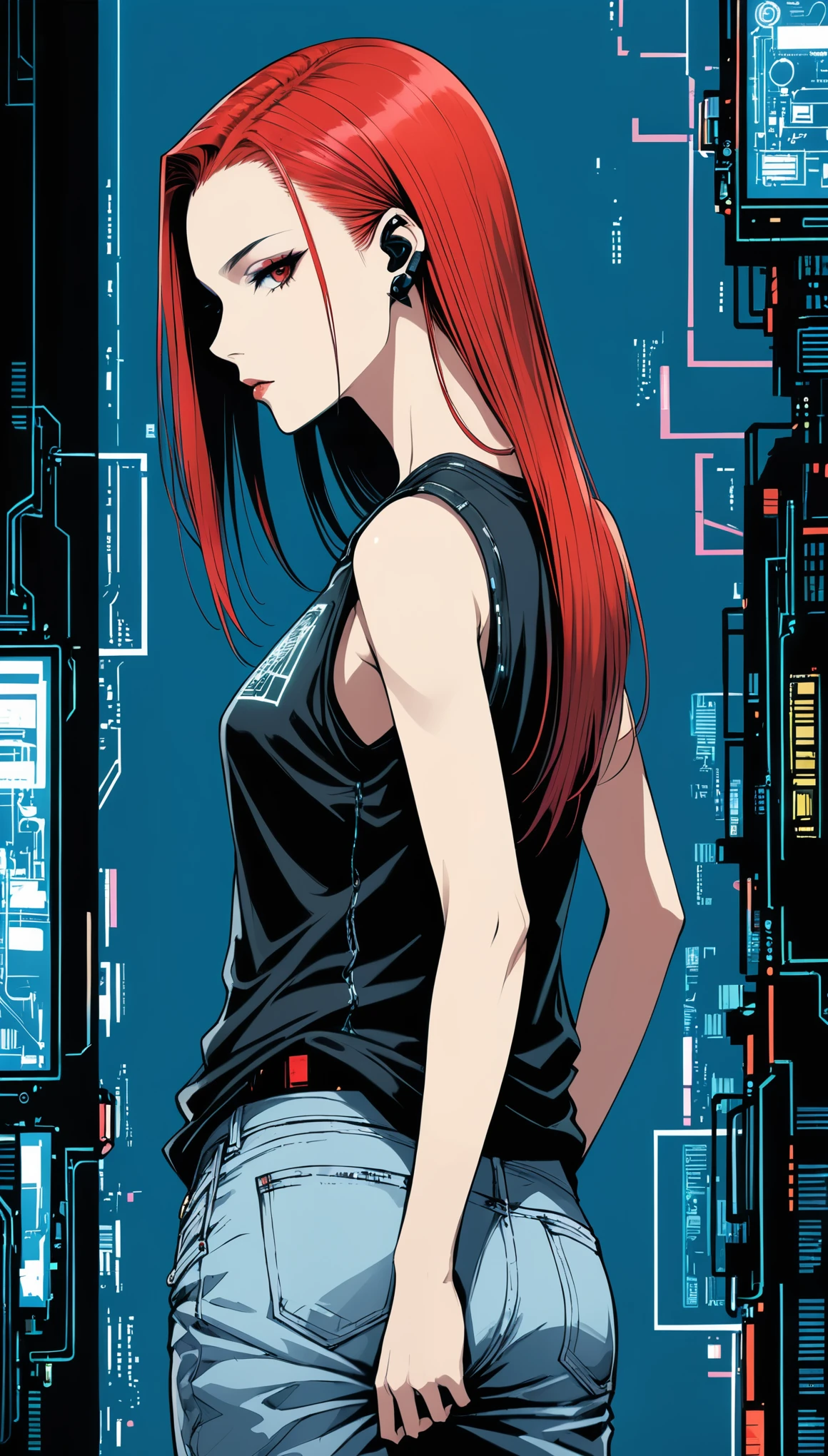 in style of Santiago Caruso,1girl,solo，Blue Background，oversize ，Hip-hop style，Black Plaid Sleeveless T-Shirt，jeans，One hand behind your back，looking at viewer，(Soft and straight cyberpunk hair:1.5)Red long hair，Simple style，wide angle,Dynamic Angle，Slanted screen composition，(bangs_pinned_back:1.5),