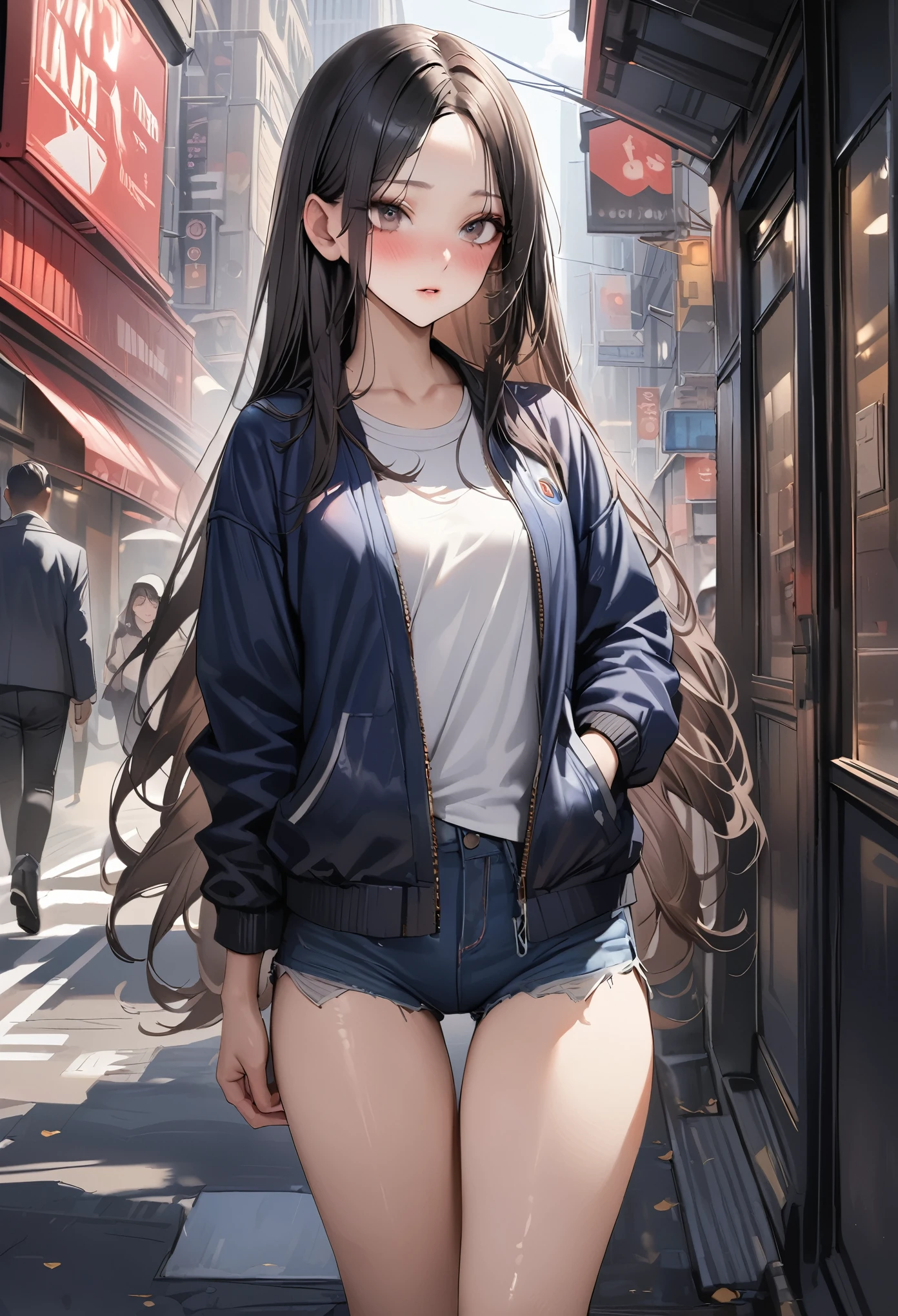 (((masterpiece,Highest quality:1.3,best quality illustration))),(realistic:1.2)、cowboy shot,独奏,1woman,(Mature Beauty),black hair,straight long hair,forehead,center parted bangs,black eyes,(gorgeous big eyes),(very small head),blush,((very long body,skinny,slender body)),((Navy blue baseball jacket)),small breasts,gleaming skin,oily skin,denim micro shorts,Wearing a white tank top and a blouson,on street,New York City、