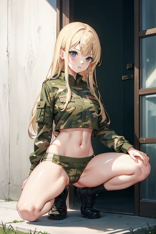 beautiful girl、Blonde、Navel-baring camouflage combat uniform、Crop tops、Pee、Bare legs、squat、Urinating