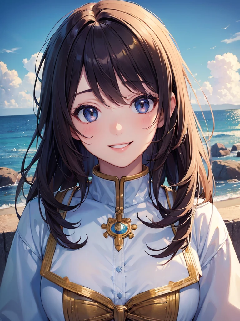 (masterpiece:1.5),(Beat quality),(high res),1girl solo,beautiful face,smile(shining eyes),upper body,light effects,Woman in plain clothes,coastal